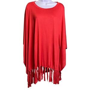 NWT Mono B Fringe Poncho Womens M Red Boho Spring Layer Artsy Festival Soft